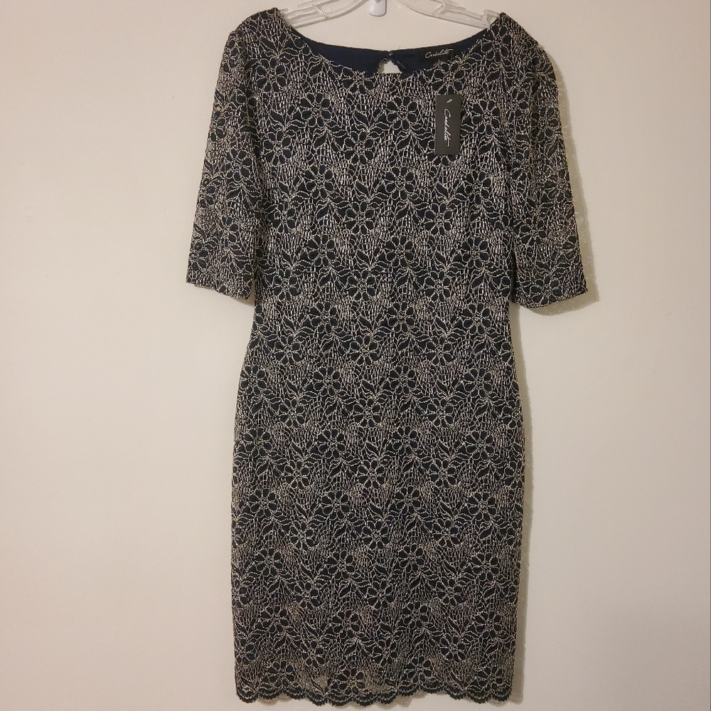 NWT! Candalite Black Lace Embroidered Short Sleeve Sheath Dress Boatneck Size L